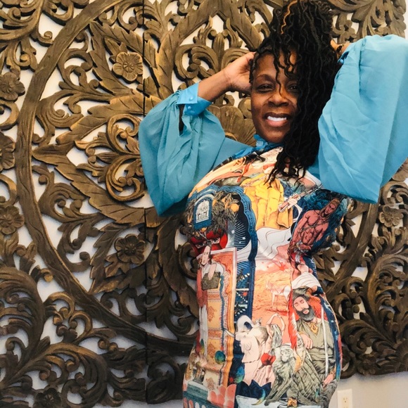 STARRY KIMONO SHEATH  DRESS BALLOON SLEEVES - Picture 2 of 5